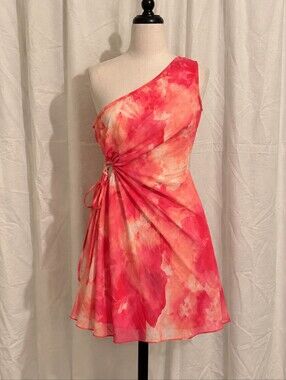 ✨4/$18✨One-Shoulder Coral Pink Tie-Dye Side Tie Mini Dress